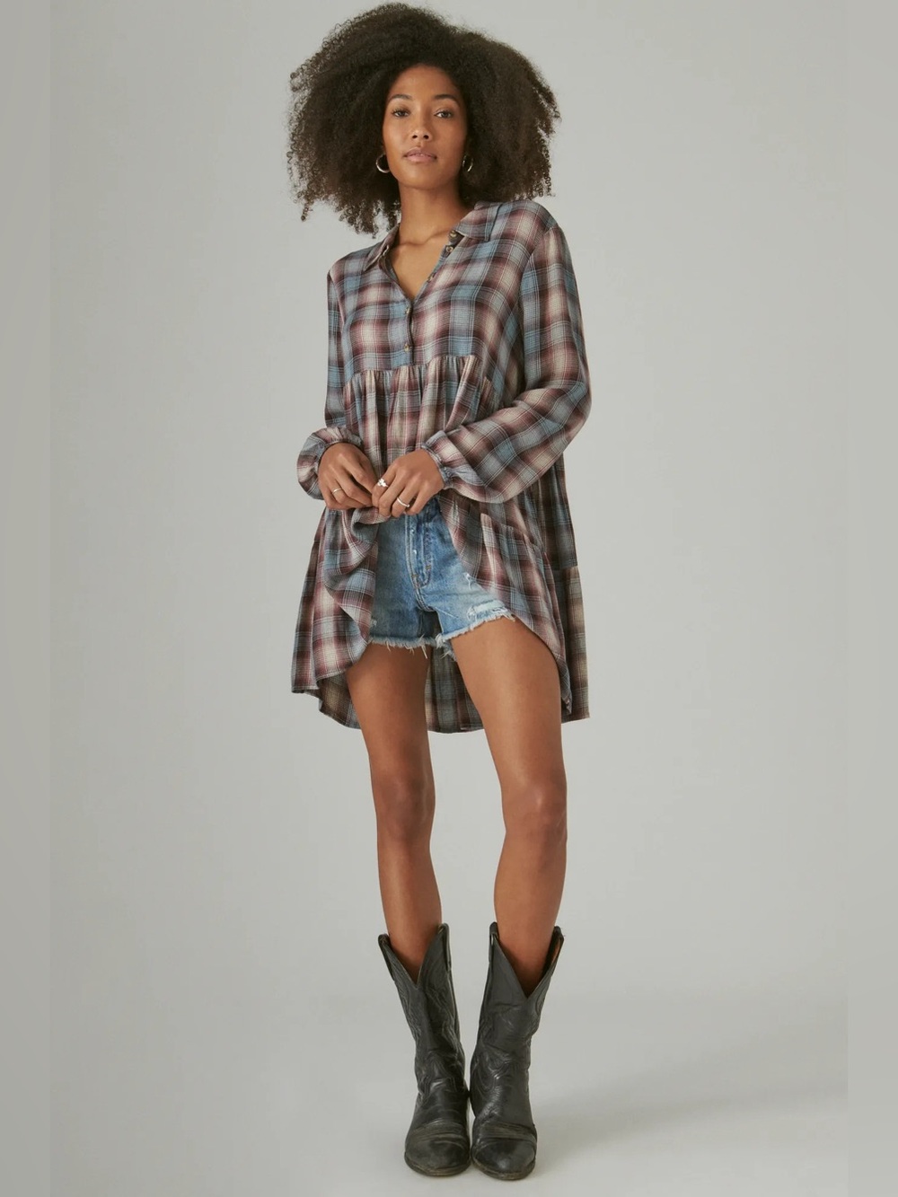 Lucky Brand Brown Plaid Button Tunic size XL